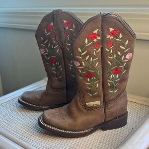 Valeria Brown Leather Pink Floral Girls  Embroidered Cowboy Cowgirl Boots